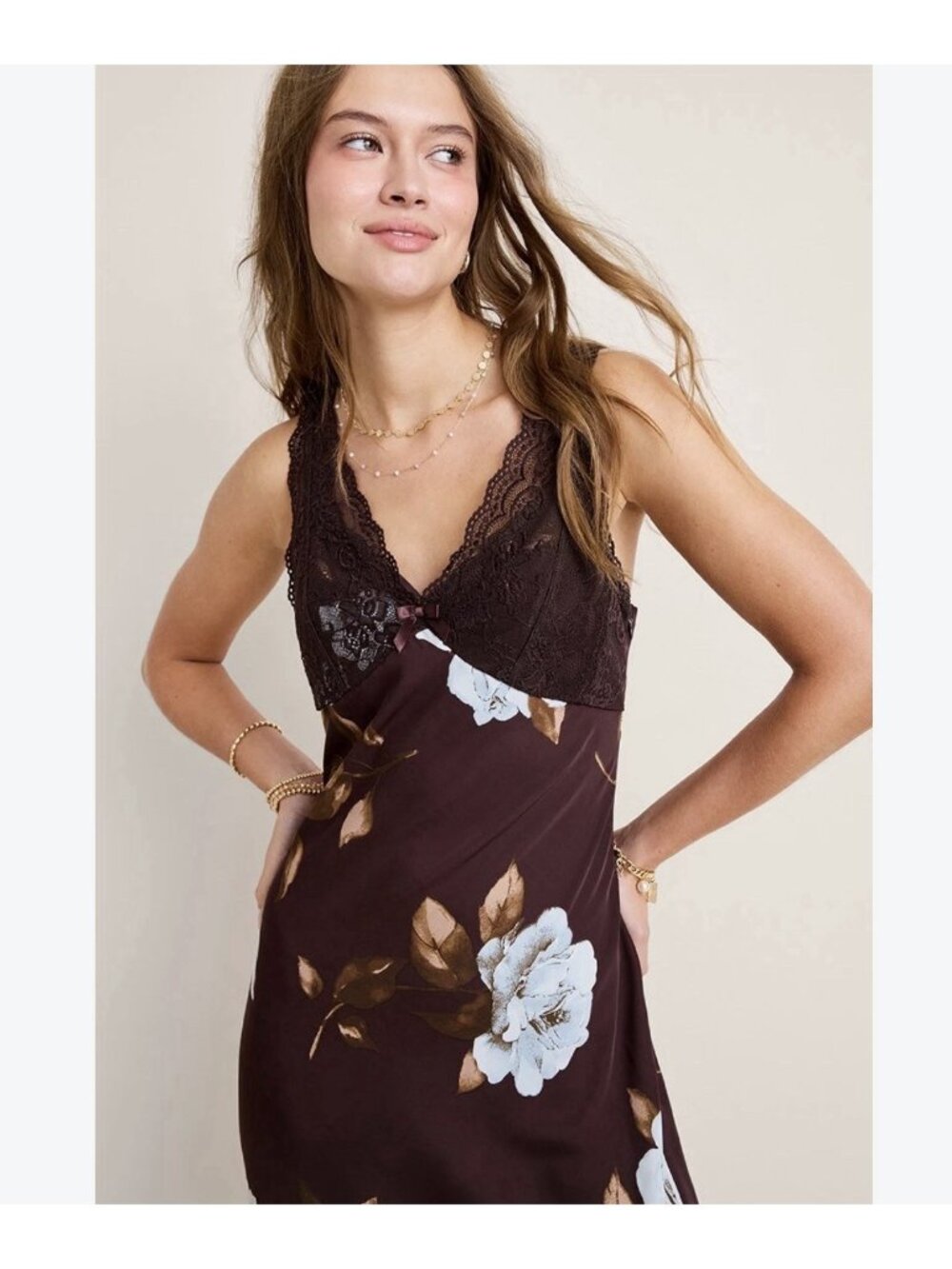 Trixxi Los Angeles lena Floral Lace Full Slip Dress Brown/Blue y2K sexy size L